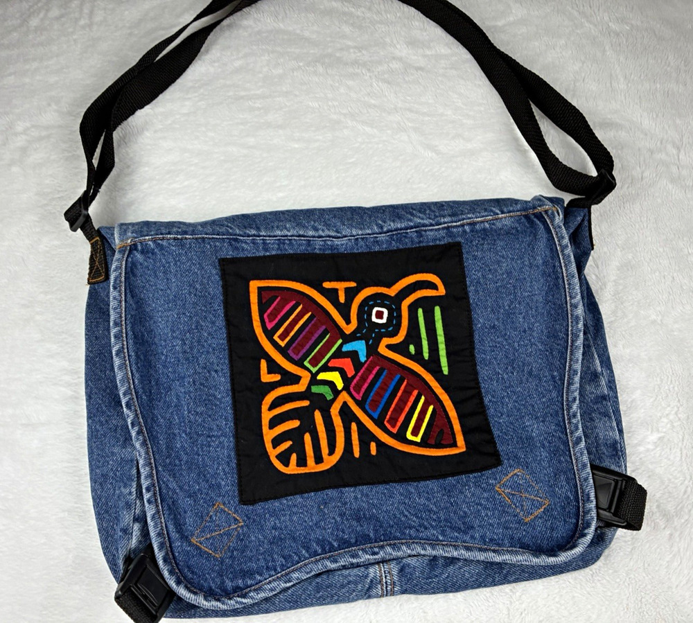 Denim Messenger Bag Mola Style Bird Embroidered Crossbody Boho Folk Art Y2K